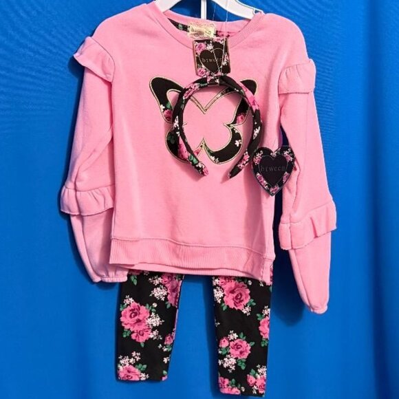 NWT BTWEEN 3 PIECE BUTTERFLY RUFFLE SWEATSHIRT & FLORAL LEGGINGS & HEADBAND SET - Picture 2 of 16